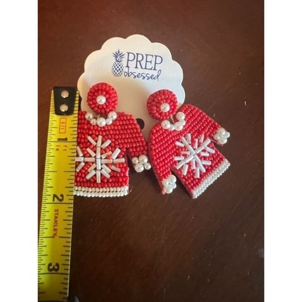 Prep Obsessed Christmas ugly sweater Earrings - Holiday Red & White Beaded - Picture 3 of 4